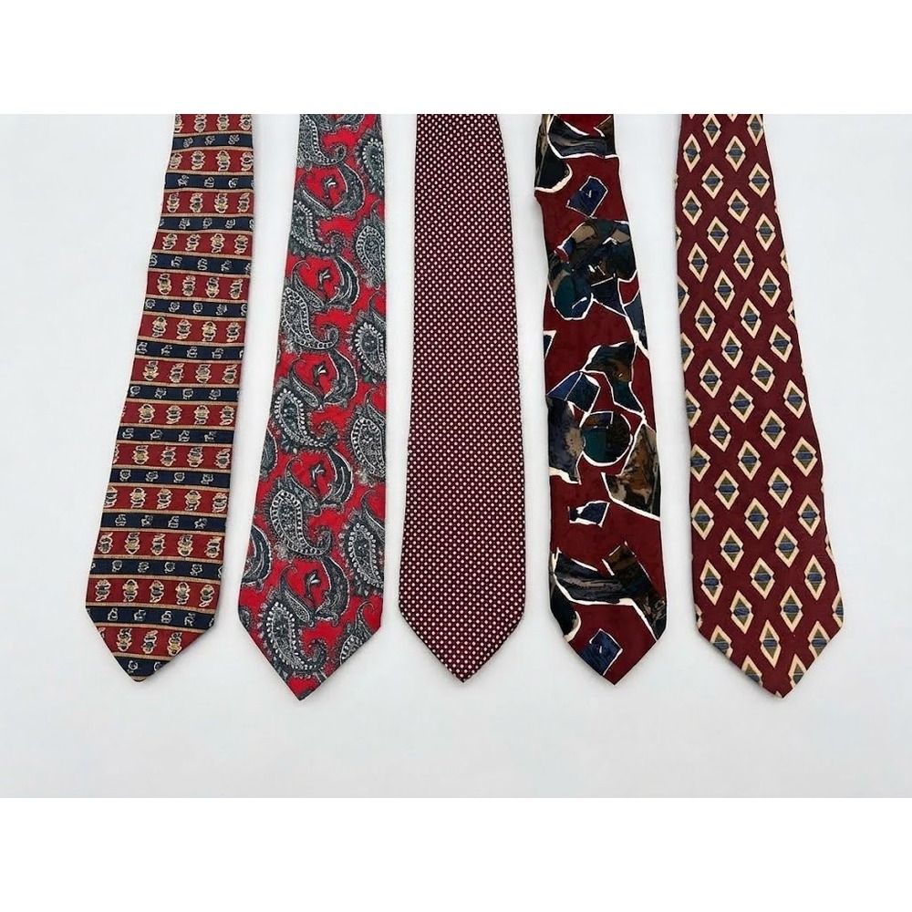 Vintage Style Retro Silk Necktie Bundle Mens Red Burgundy Mixed Patterns 5pc EX